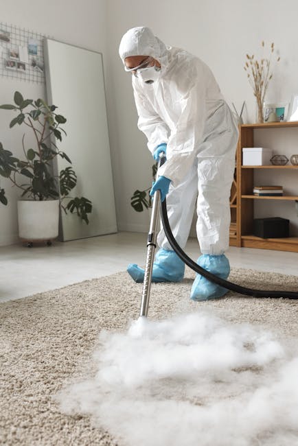 A woman using a yellow vacuum cleaner to deep clean a patterned beige and green rug in a living room with wooden flooring and a red leather sofa. The room is well-lit, and the vacuum cleaner is positi